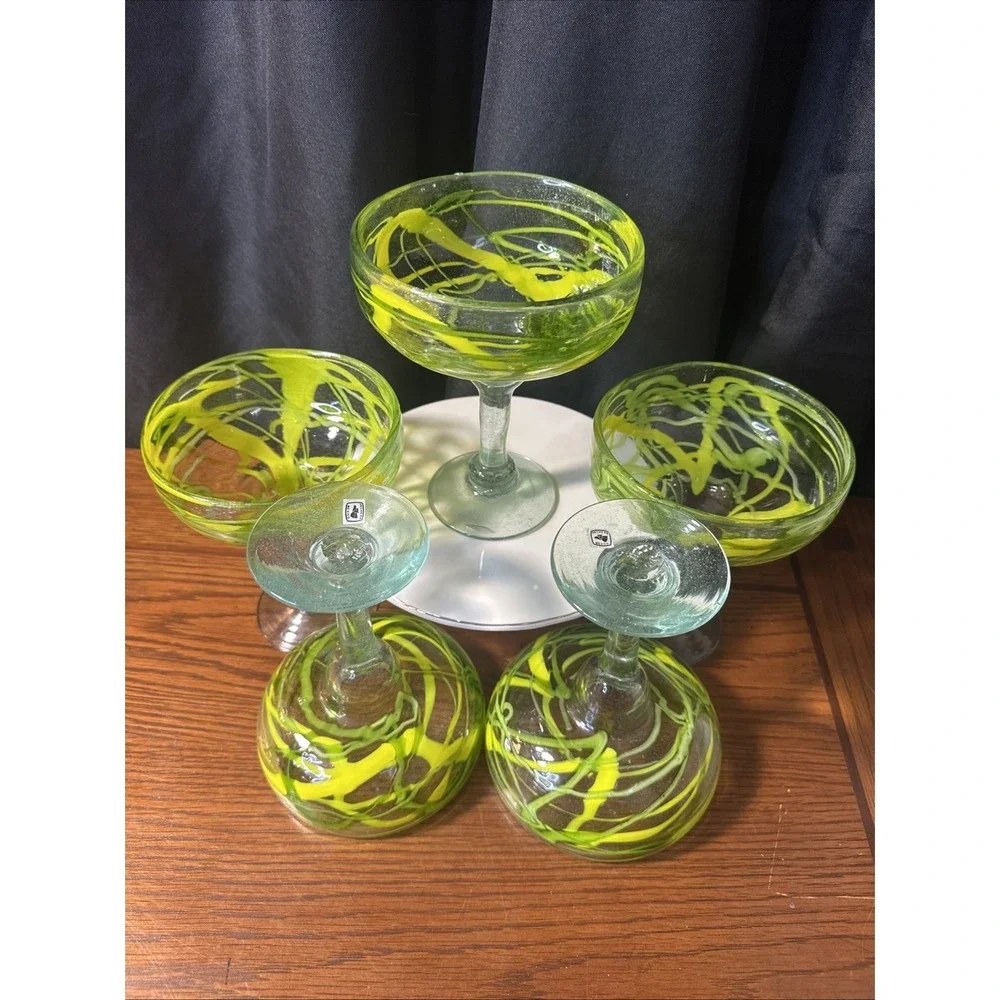 5 Margarita Glasses Hand Blown Recycled Mexican Yellow & Green Drizzle 6.5 